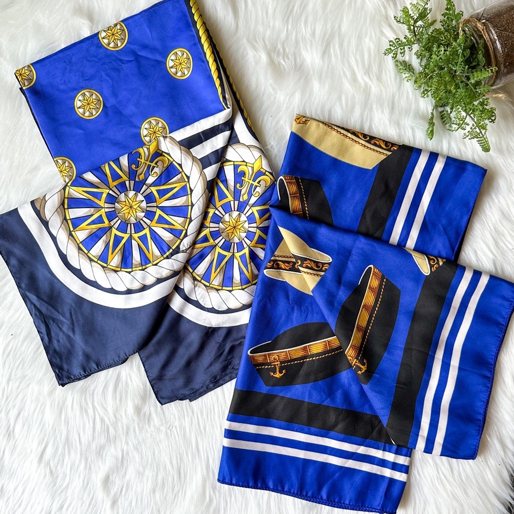 Vintage Jago Navy Blue & Gold Nautical Scarf Anchor Hats Italy Square Set of 2